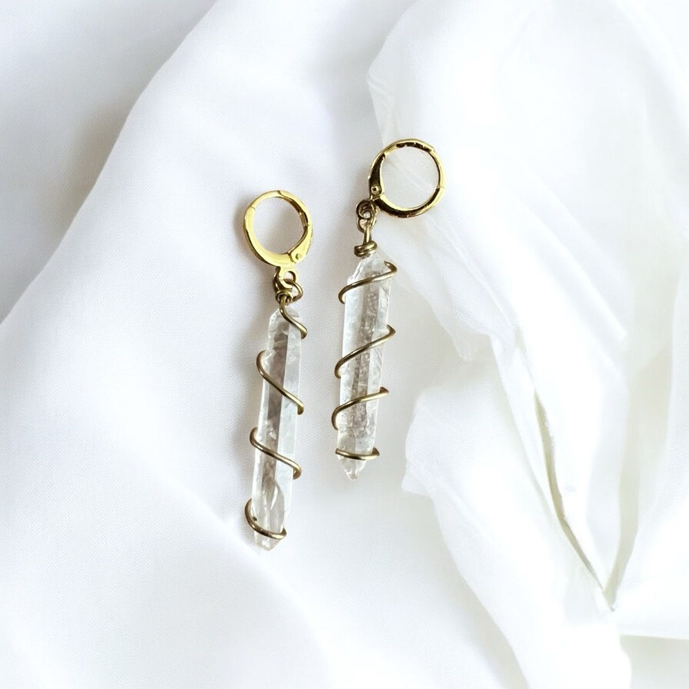 gold wire wrapped quartz huggie hoop earrings